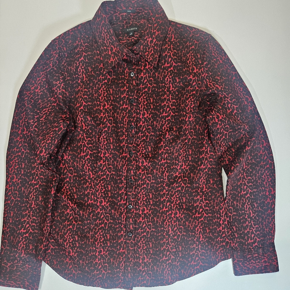 Talbots Womens Button‎ Down Blouse Size 10 Red Black Cheetah Top